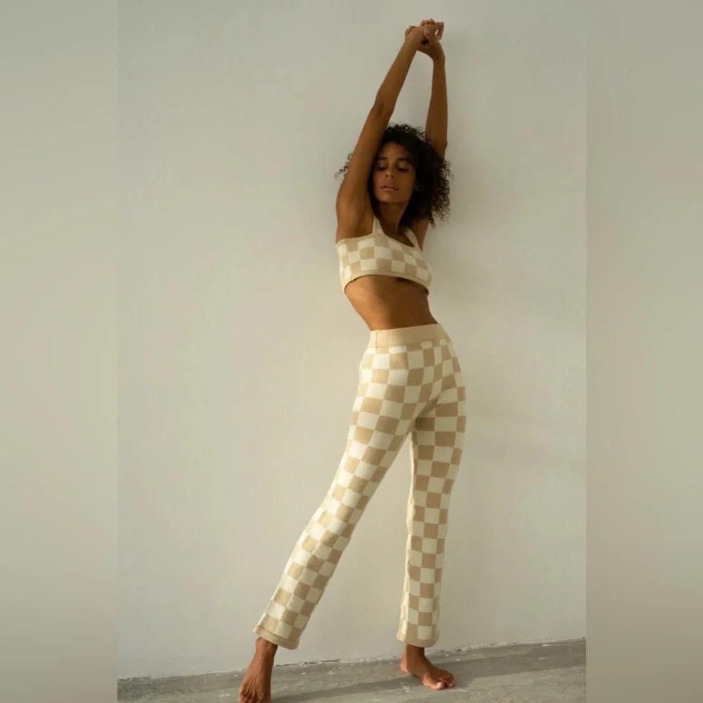 Belle the Label Checkered Knit Crop Top and Pant in Sand